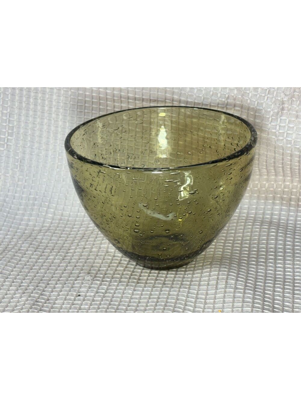 191 - Vintage hand blown glass large votive light avocado green with bubbles
